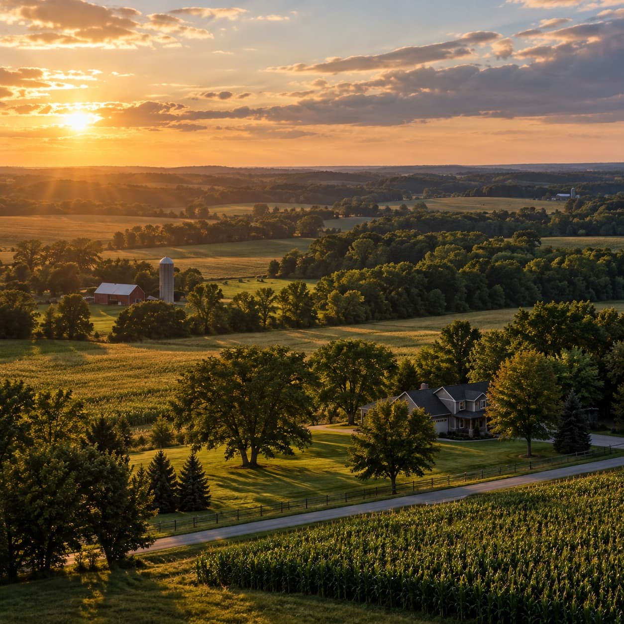 Aerial view of rolling southern Ontario farmland at sunset with a farmhouse, barn, silo and corn fields