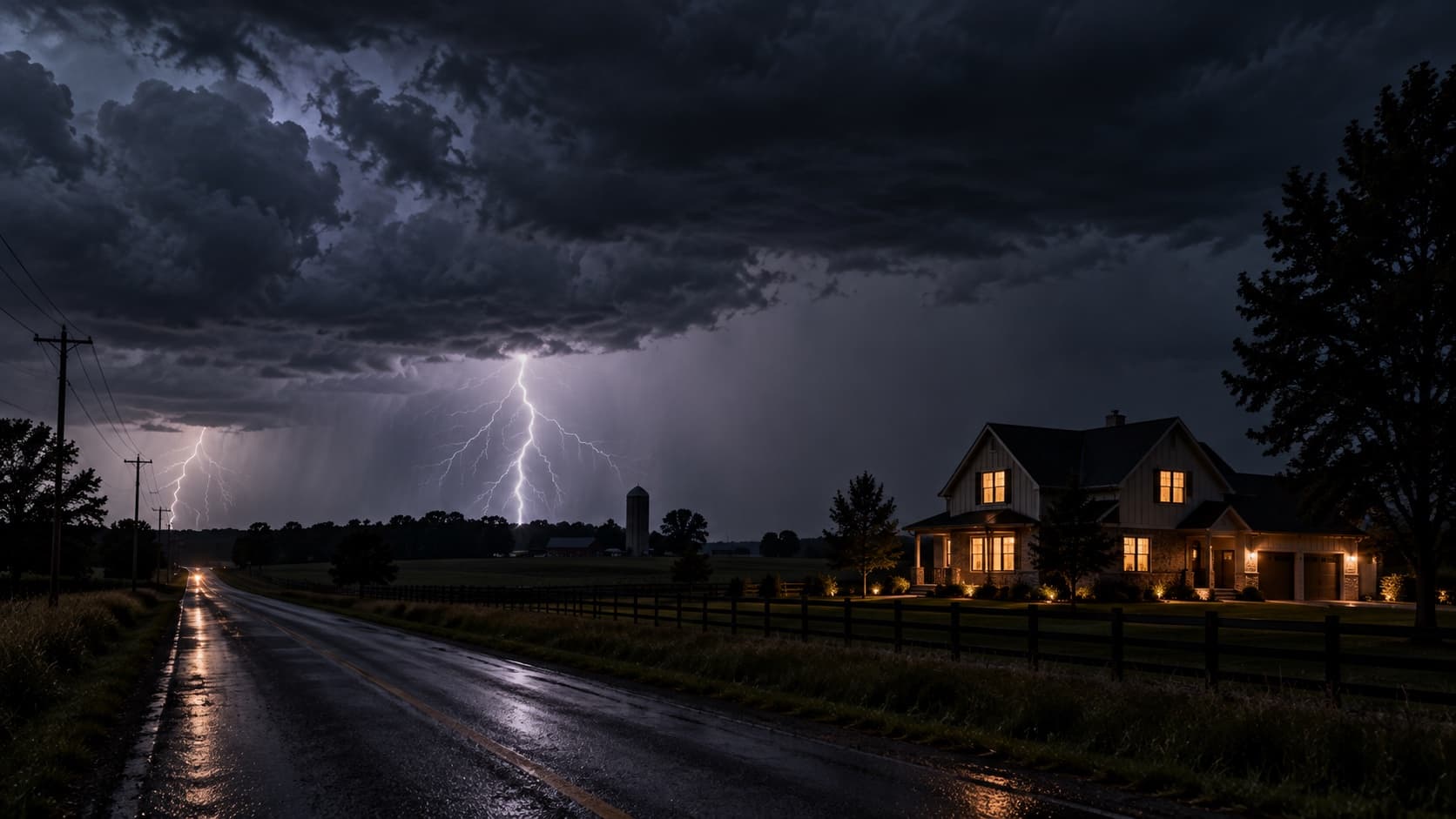 Lightning over a wet rural road at night with a single house lit up beside the fields