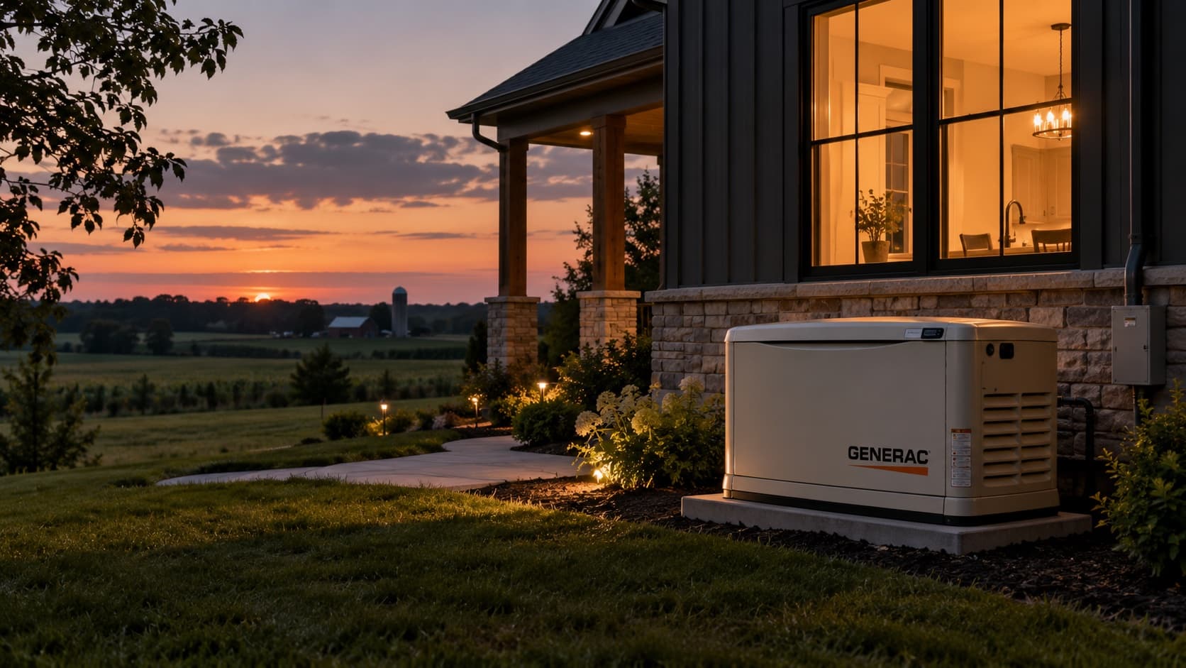 Standby generator on a pad beside a rural home at sunset, kitchen lights on inside and farmland behind