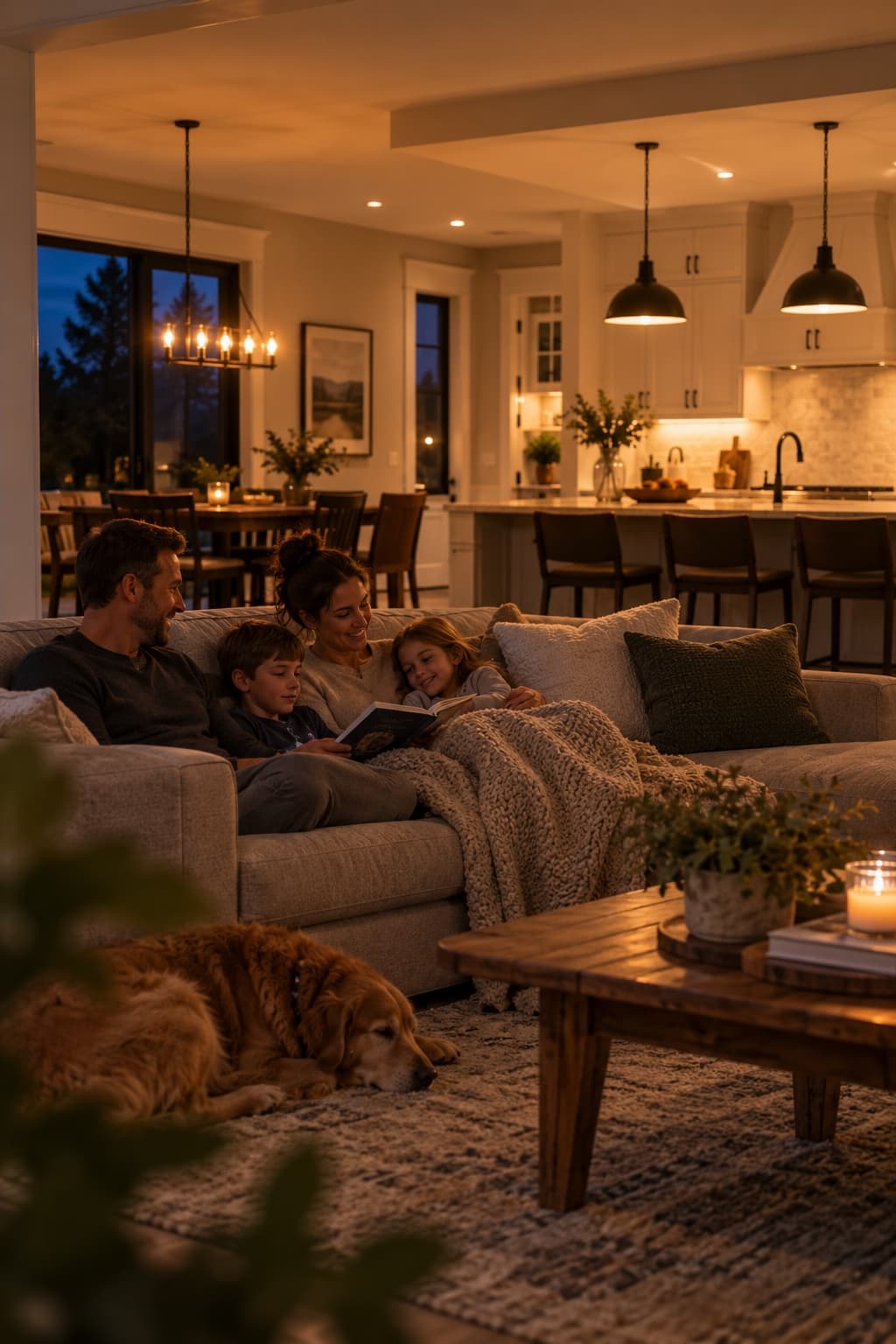 Family reading together on a couch in a warmly lit open-plan living room at night, dog asleep on the rug