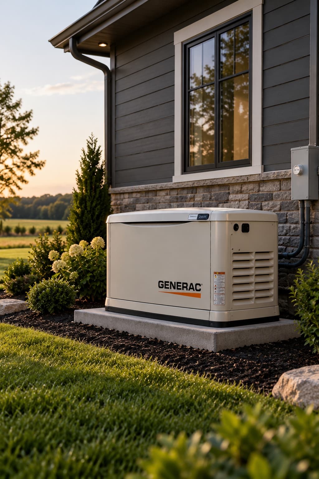 Standby generator installed on a concrete pad beside a house with stone and grey siding, landscaped beds around it